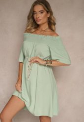 Zielona Sukienka Hiszpanka z Bawełną i Wiskozą Ozdobiona Sznurkiem Lilarelle. Zielone sukienki damskie Renee, bez wzorów, z bawełny, eleganckie, bez ramiączek. W wyprzedaży za 47.99 zł.