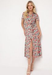 Czerwono-Zielona Koszulowa Sukienka z Krótkim Rękawem i Wiskozą na Guziki z Materiałowym Paskiem Dimiata. Czerwone sukienki damskie Born2be, bez wzorów, z materiału, klasyczne, bez ramiączek. Za 169.99 zł.