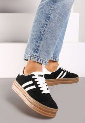 Czarne Sneakersy na Platformie z Minimalistycznymi Przeszyciami Teritha. Czarne obuwie sportowe damskie Born2be, z materiału, bez zapięcia. Za 89.99 zł.