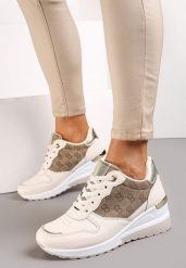 Beżowe Sneakersy na Koturnie z Metaliczną Wstawką Derine. Brązowe obuwie sportowe damskie Renee, bez zapięcia. Za 89.99 zł.