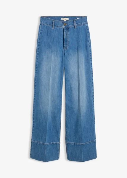 Dżinsy wide leg, high waist. Niebieskie jeansy damskie bonprix, z podwyższonym stanem. Za 127.99 zł.
