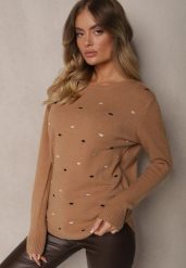 Ciemnobeżowy Elegancki Sweter z Delikatnymi Haftowanymi Zdobieniami z Przodu Reriala. Brązowe swetry klasyczne damskie Renee, m, z jeansu, bez kołnierzyka. Za 69.99 zł.
