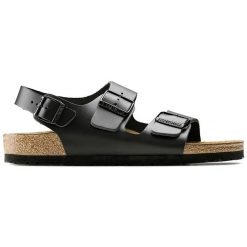 Sandały damskie Birkenstock Milano Natural Leather. Czarne sandały damskie Birkenstock, bez wzorów, ze skóry, bez obcasa, bez zapięcia. Za 449.00 zł.