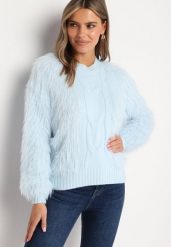 Jasnoniebieski Sweter z Długim Włosiem i Dodatkiem Wełny Merithina. Niebieskie swetry klasyczne damskie Born2be, uniwersalny, z dzianiny, bez kołnierzyka. Za 69.99 zł.