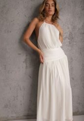 Beżowa Wieczorowa Sukienka Halter z Odkrytymi Plecami i Marszczeniem w Talii Semene. Brązowe sukienki damskie Renee, bez wzorów, eleganckie, bez ramiączek. Za 189.99 zł.