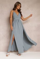 Szara Rozkloszowana Sukienka Maxi na Ramiączkach z Trójkątnym Dekoltem Claudi. Szare sukienki damskie Renee, bez wzorów, z tkaniny, eleganckie, bez ramiączek. W wyprzedaży za 99.99 zł.