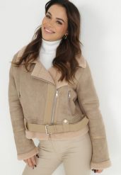 Beżowa Kurtka Biker z Imitacji Zamszu i Kożuszka Ves. Brązowe kurtki damskie Born2be, na zimę, l, bez wzorów, bez kaptura. Za 199.99 zł.