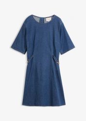 Sukienka jeansowa z bawełny z domieszką stretchu. Białe sukienki damskie bonprix, bez wzorów, z bawełny, bez ramiączek. Za 77.99 zł.