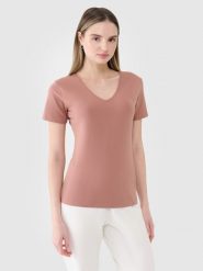 4F T-shirt slim gładki damski - brązowy XS. Brązowe t-shirty damskie 4F, xs, bez wzorów, z bawełny, bez kołnierzyka. W wyprzedaży za 29.99 zł.