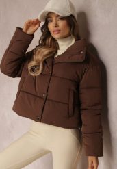 Ciemnobrązowa Kurtka Puffer Pikowana ze Stójką Maymie. Brązowe kurtki damskie Renee, l, bez wzorów, bez kaptura. Za 249.99 zł.