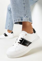 Biało-Czarne Sneakersy z Metaliczną Wstawką Dannu. Białe obuwie sportowe damskie Born2be, z jeansu, bez zapięcia. Za 89.99 zł.