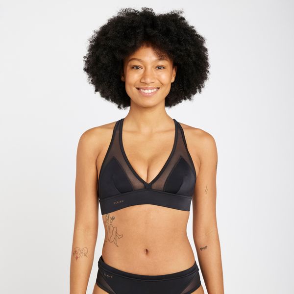 Góra kostiumu kąpielowego surfingowego damska Olaian Isa. Czarne bikini OLAIAN, w ażurowe wzory, z elastanu. Za 99.99 zł.