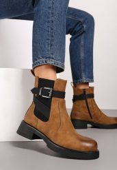 Brązowe Płaskie Botki w Stylu Sztybletów z Klamrą Riavonna. Brązowe botki damskie Renee, na jesień, z jeansu, bez obcasa, na obcasie, bez zapięcia. Za 129.99 zł.