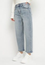 Niebieskie Jeansy o Kroju Mom Fit z Wysokim Stanem Borselia. Niebieskie jeansy damskie Born2be, bez wzorów, z jeansu. Za 99.99 zł.