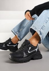 Czarne Sneakersy na Profilowanej Podeszwie z Siateczkowymi Wstawkami Parinella. Czarne obuwie sportowe damskie Renee, bez zapięcia. Za 89.99 zł.