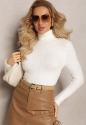 Biały Golf z Dzianiny z Długim Włosem i Dodatkiem Wełny Gerdonna. Białe golfy damskie Renee, bez wzorów, z dzianiny, bez ramiączek. Za 64.99 zł.