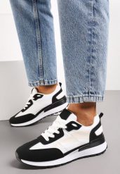 Czarno-Białe Sznurowane Sneakersy z Materiałowymi Wstawkami Aneril. Czarne obuwie sportowe casual damskie Renee, z materiału. Za 79.99 zł.