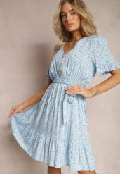 Niebieska Rozkloszowana Sukienka Wiskozowa Mini w Kwiatowy Print z Falbanką Taelle. Niebieskie sukienki damskie Renee, bez wzorów, z wiskozy, bez ramiączek. W wyprzedaży za 55.99 zł.