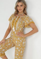 Żółty Kombinezon Hesonia. Żółte sukienki damskie Born2be, z aplikacjami, boho, bez ramiączek. Za 129.99 zł.