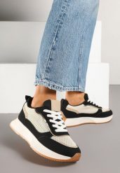 Czarno-Beżowe Sneakersy z Geometrycznym Wzorem Borgis. Czarne obuwie sportowe damskie Born2be, z materiału, bez zapięcia. Za 99.99 zł.