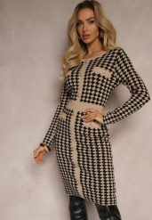 Beżowo-Czarna Sweterkowa Sukienka z Wiskozą w Pipetkę w Eleganckim Stylu Delassea. Brązowe sukienki damskie Renee, bez wzorów, z dzianiny, eleganckie, bez ramiączek. W wyprzedaży za 95.99 zł.