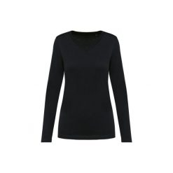 Damska koszulka z długim rękawem suprima v-neck Kariban Premium. Czarne koszulki damskie KARIBAN, bez wzorów, z bawełny, bez kołnierzyka, bez ramiączek. Za 133.50 zł.