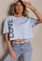 Niebieski T-shirt z Bawełny o Krótkim Kroju Ozdobiony Napisem Sannovia. Niebieskie t-shirty damskie Renee, m, bez wzorów, z bawełny, bez kołnierzyka. Za 39.99 zł.