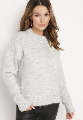 Szary Sweter z Wełną Ozdobiony Haftem Ellannia. Szare swetry klasyczne damskie Born2be, na zimę, z wełny, bez kołnierzyka. Za 119.99 zł.