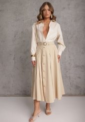 Beżowa Rozkloszowana Spódnica z Kieszonkami i Paskiem z Klamrą Qualea. Brązowe spódnice damskie Renee, na co dzień, l, bez wzorów, z bawełny, eleganckie, midi. Za 119.99 zł.