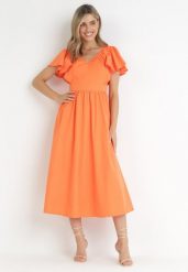 Pomarańczowa Sukienka Midi z Falbanami przy Ramionach Happisa. Brązowe sukienki damskie Born2be, bez wzorów, eleganckie, bez ramiączek. Za 129.99 zł.