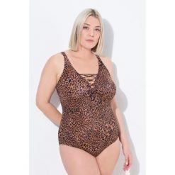 Damski Kostium kąpielowy wzór w panterkę wiązanie miękkie miseczki. Brązowe stroje jednoczęściowe Ulla Popken, bez wzorów, z elastanu. Za 239.99 zł.