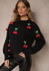 Czarny Sweter ze Ściągaczami w Wisienki Ventinnia. Czarne swetry klasyczne damskie Renee, na jesień, m, z jeansu, bez kołnierzyka. Za 159.99 zł.