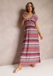 Bordowa Wzorzysta Sukienka Maxi z Gumką w Talii i Rozkloszowanym Dołem Noareya. Czerwone sukienki damskie Renee, bez wzorów, bez ramiączek. W wyprzedaży za 39.99 zł.