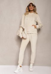 Jasnobeżowy Komplet Dresowy z Weluru Spodnie z Gumką w Pasie i Bluza z Kapturem Lelaria. Brązowe bluzy damskie Renee, l, bez wzorów, z dresówki, z kapturem. Za 44.99 zł.