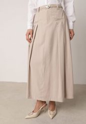 Beżowa Wiskozowa Spódnica o Rozkloszowanym Kroju z Plisami i Paskiem Rolea. Brązowe spódnice damskie Born2be, na co dzień, l, bez wzorów, z wiskozy, eleganckie, maxi. Za 119.99 zł.