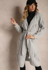 Szary Kardigan Bez Zapięć z Wełną i Wiskozą o Tłoczonym Splocie z Wiązanym Paskiem Vaimella. Szare kardigany damskie Renee, l, bez wzorów, z wełny. Za 119.99 zł.
