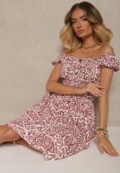 Fioletowa Sukienka Bawełniana z Gumką w Talii i Ornamentalnym Printem Natilessae. Fioletowe sukienki damskie Renee, z aplikacjami, z bawełny, eleganckie, bez ramiączek. W wyprzedaży za 39.99 zł.