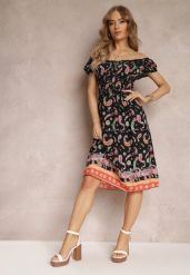 Czarna Bawełniana Sukienka Hiszpanka z Gumką w Pasie i Wzorem Paisley Maggies. Czarne sukienki damskie Renee, z aplikacjami, z bawełny, bez ramiączek. W wyprzedaży za 39.99 zł.