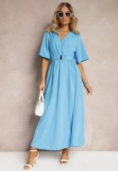 Niebieska Kopertowa Sukienka z Gumką w Talii i Paskiem Amperi. Niebieskie sukienki damskie Renee, bez wzorów, eleganckie, bez ramiączek. W wyprzedaży za 55.99 zł.