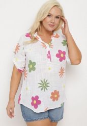 Biała Koszula z Lnu i Bawełny w Kwiaty z Krótkim Rękawem Ambubia. Białe koszule damskie Born2be, na lato, plus size, bez wzorów, z bawełny, bez kołnierzyka, plus size, bez ramiączek. Za 79.99 zł.