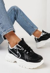 Czarne Sneakersy ze Wstawkami z Metalicznej Ekoskóry i Ozdobnymi Przeszyciami Mirael. Czarne obuwie sportowe damskie Born2be, bez zapięcia. Za 109.99 zł.