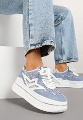 Niebieskie Sneakersy na Platformie Ozdobione Gwiazdą Norlevi. Niebieskie obuwie sportowe damskie Renee, bez zapięcia. Za 89.99 zł.
