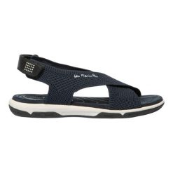 Sandały damskie TBS Jazzfit. Niebieskie sandały damskie TBS, bez wzorów, z materiału, bez obcasa, bez zapięcia. Za 327.90 zł.
