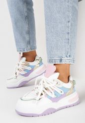 Biało-Fioletowe Sneakersy na Grubej Podeszwie z Kolorowymi i Metalicznymi Wstawkami Ecastia. Białe obuwie sportowe damskie Born2be, bez zapięcia. Za 109.99 zł.