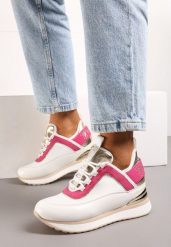 Biało-Różowe Sneakersy na Ukrytym Koturnie z Metaliczną Blaszką i Napisem Yenavra. Białe obuwie sportowe damskie Born2be, bez zapięcia, trekkingowe. Za 169.99 zł.