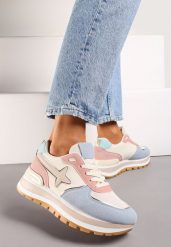 Niebiesko-Różowe Sneakersy na Niskiej Platformie z Ozdobnymi Wstawkami na Cholewce Suno. Brązowe obuwie sportowe damskie Renee, z materiału, bez zapięcia. Za 89.99 zł.