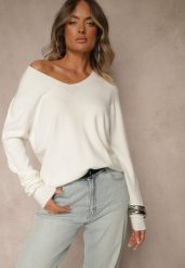 Biały Sweter z Wełną i Wiskozą z Trójkątnym Dekoltem Kaitte. Białe swetry klasyczne damskie Renee, z jeansu, bez kołnierzyka. Za 99.99 zł.