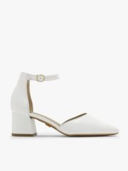 Czółenka na klocku. Białe czółenka damskie Ryłko, bez wzorów, ze skóry, bez obcasa, na słupku. W wyprzedaży za 229.99 zł.