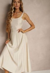 Beżowa Rozkloszowana Sukienka z Wiskozy Milunisa. Brązowe sukienki damskie Renee, bez wzorów, z jeansu, eleganckie, bez ramiączek. W wyprzedaży za 67.99 zł.