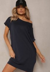 Granatowa T-shirtowa Sukienka Pudełkowa z Elastycznej Bawełny Ellensa. Niebieskie sukienki damskie Renee, bez wzorów, z bawełny, wakacyjne, bez ramiączek. Za 39.99 zł.